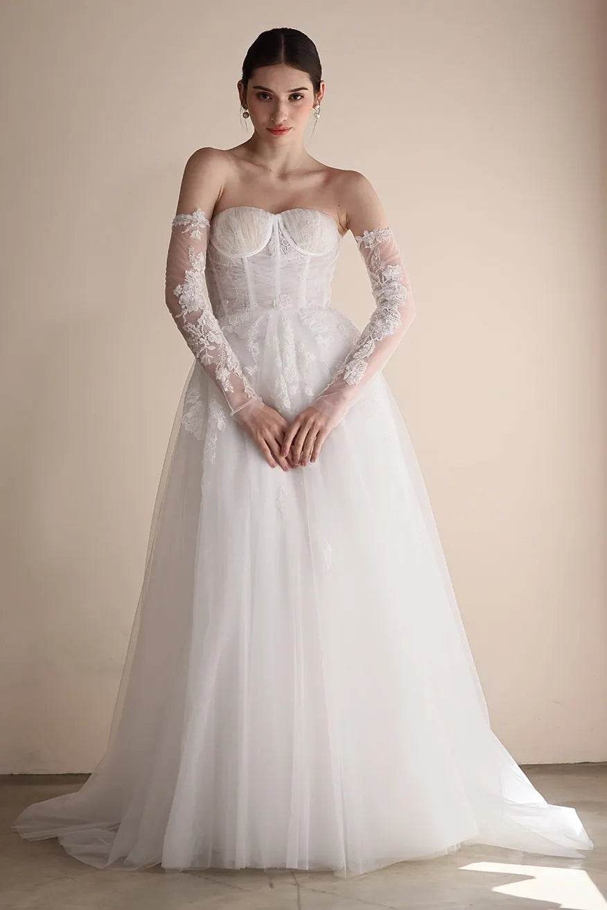 A-Line Sweep-Brush Train Lace Tulle Wedding Dress CW3552 - COCOMELODY