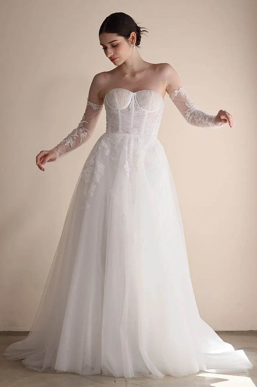 A-Line Sweep-Brush Train Lace Tulle Wedding Dress CW3552 - COCOMELODY