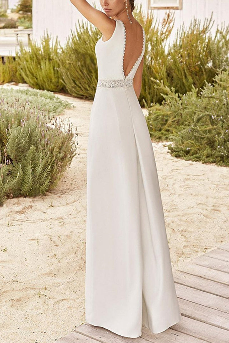 V-Neck Floor Length Chiffon Wedding Jumpsuit CW3557
