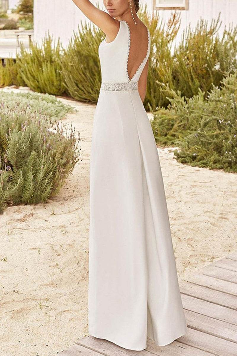 V-Neck Floor Length Chiffon Wedding Jumpsuit CW3557 - COCOMELODY