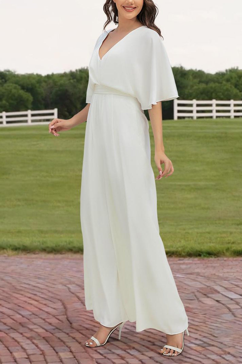 V-Neck Floor Length Chiffon Wedding Jumpsuit CW3558
