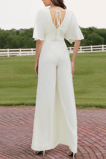 V-Neck Floor Length Chiffon Wedding Jumpsuit CW3558 - COCOMELODY