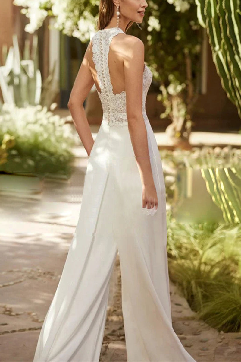 Halter Floor Length Chiffon Wedding Jumpsuit CW3559