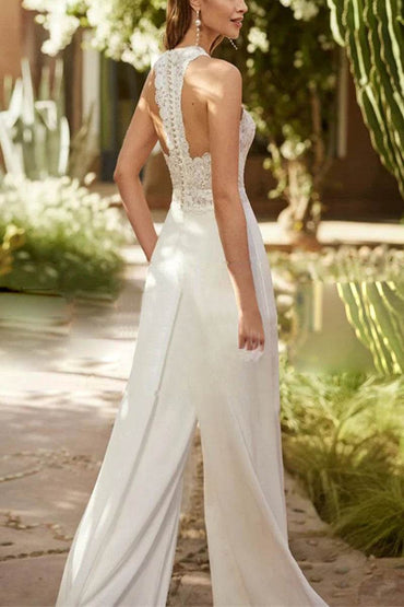 Halter Floor Length Chiffon Wedding Jumpsuit CW3559 - COCOMELODY