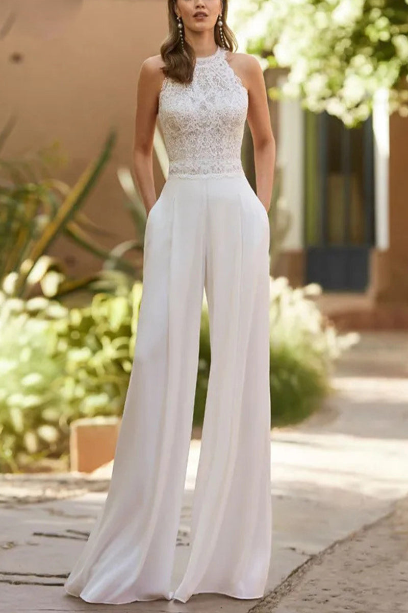 Halter Floor Length Chiffon Wedding Jumpsuit CW3559