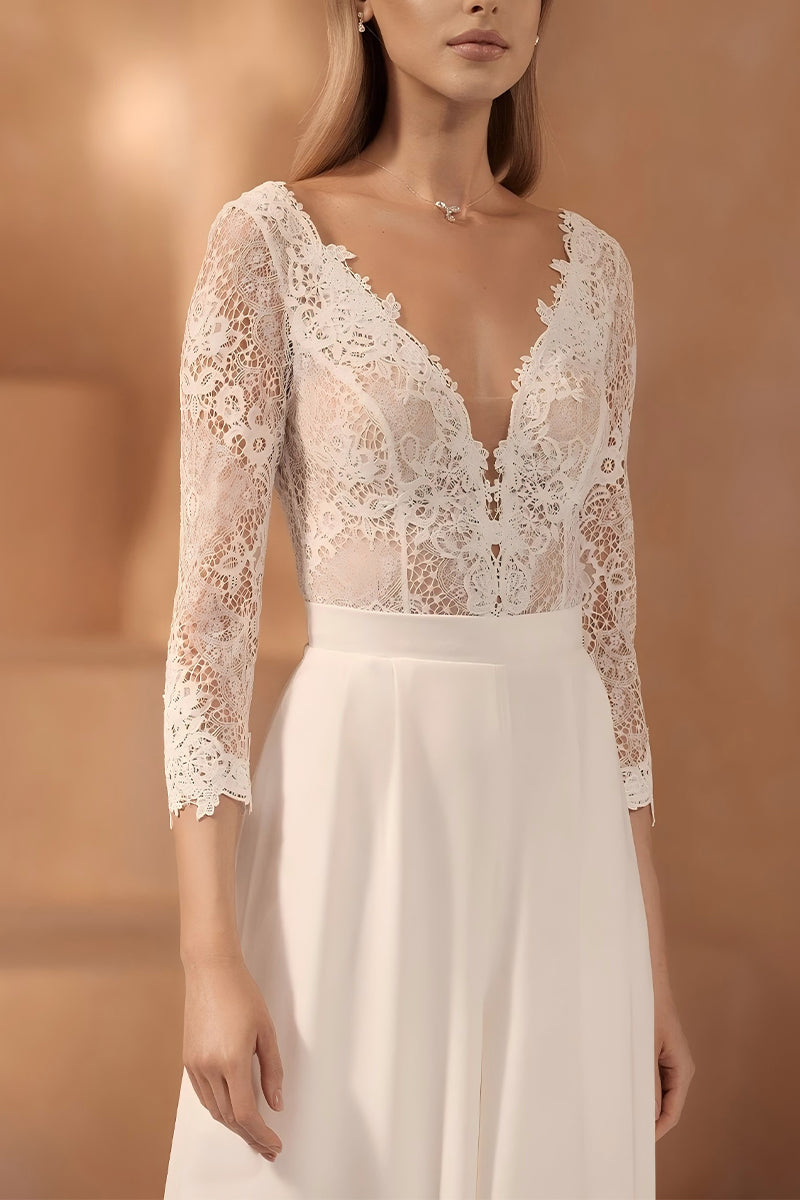 V-Neck Floor Length Lace Chiffon Wedding Jumpsuit CW3561