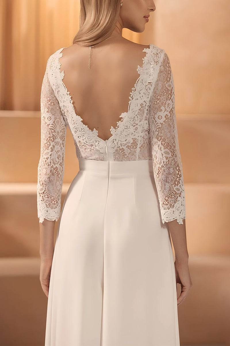 V-Neck Floor Length Lace Chiffon Wedding Jumpsuit CW3561 - COCOMELODY