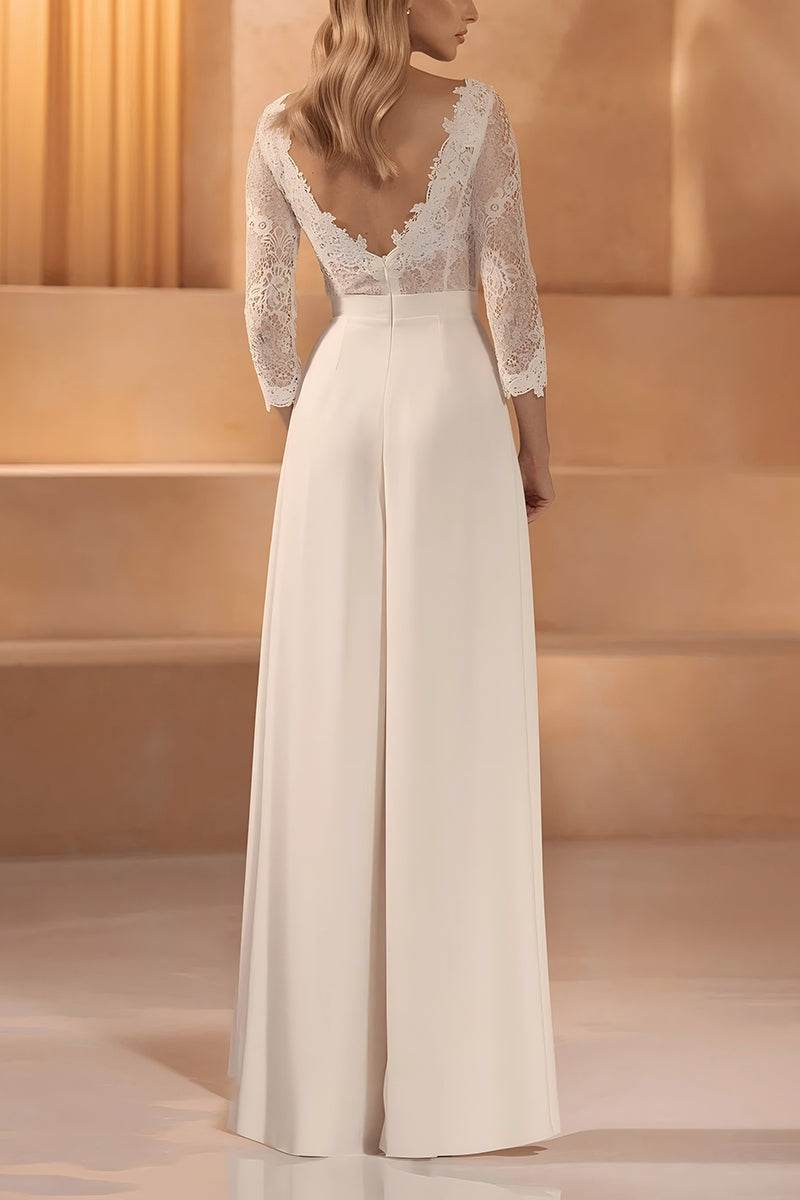 V-Neck Floor Length Lace Chiffon Wedding Jumpsuit CW3561 - COCOMELODY