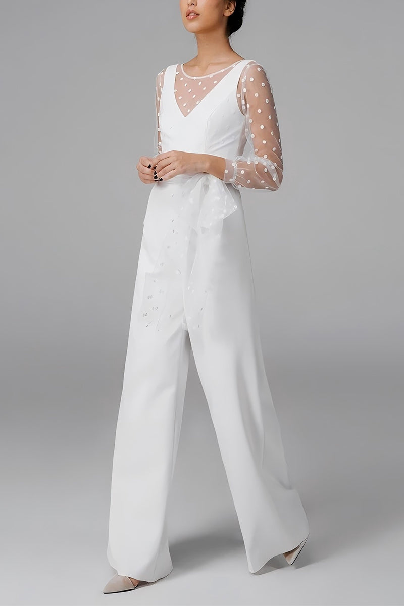 Scoop Floor Length Dot Tulle Elastic Cloth Wedding Jumpsuit CW3562