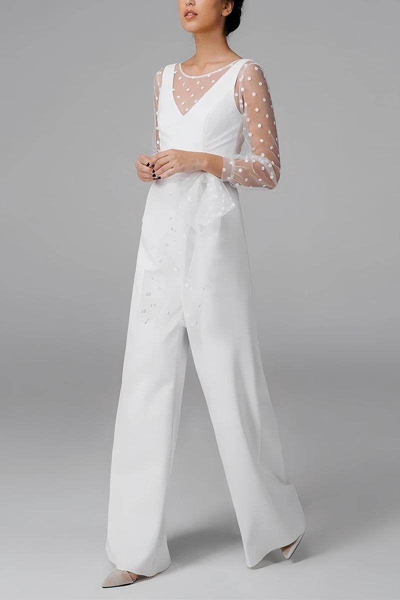 Scoop Floor Length Dot Tulle Elastic Cloth Wedding Jumpsuit CW3562 - COCOMELODY