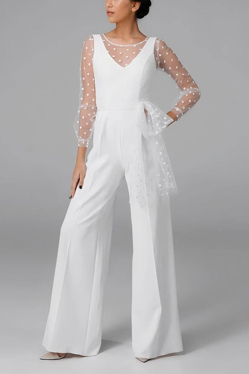 Scoop Floor Length Dot Tulle Elastic Cloth Wedding Jumpsuit CW3562