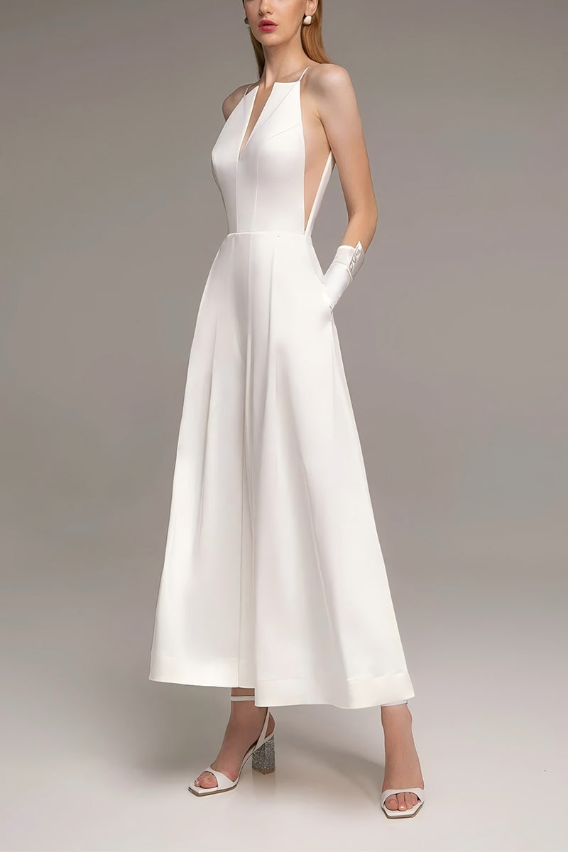 V-Neck Tea Length Stretch Satin Wedding Jumpsuit CW3563