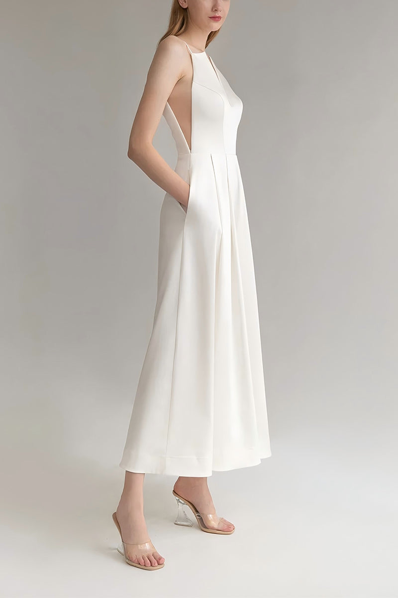 V-Neck Tea Length Stretch Satin Wedding Jumpsuit CW3563