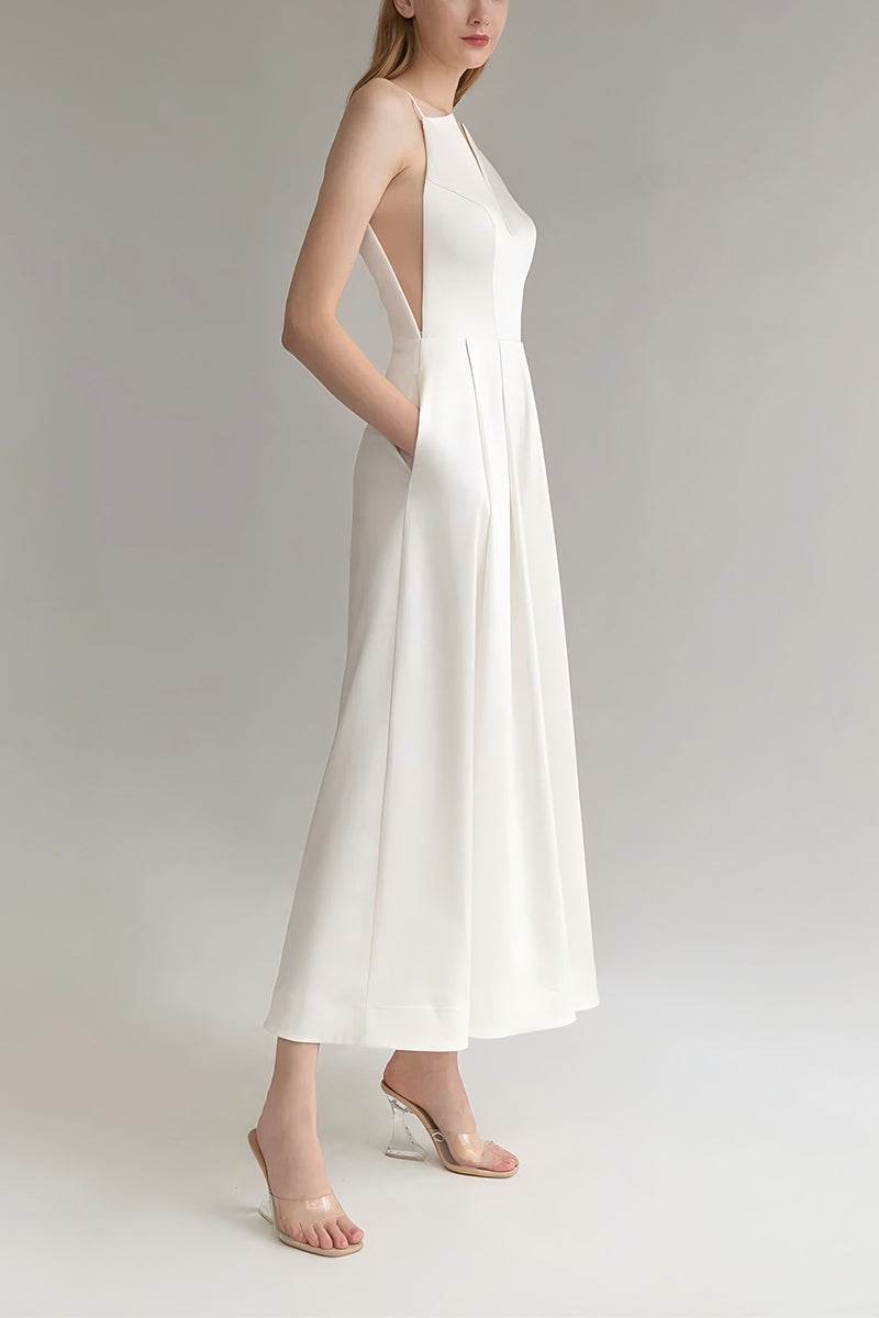 V-Neck Tea Length Stretch Satin Wedding Jumpsuit CW3563 - COCOMELODY