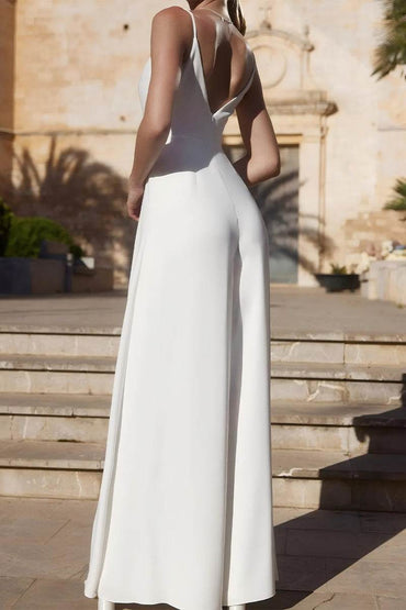 V-Neck Floor Length Elastic Cloth Wedding Jumpsuit CW3565 - COCOMELODY
