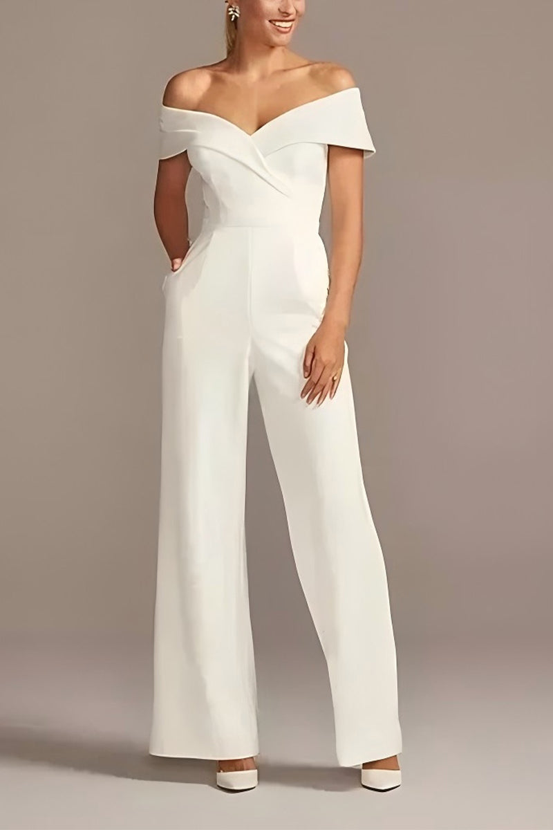 Off The Shoulder Floor Length Elastic Cloth Wedding Jumpsuit CW3566