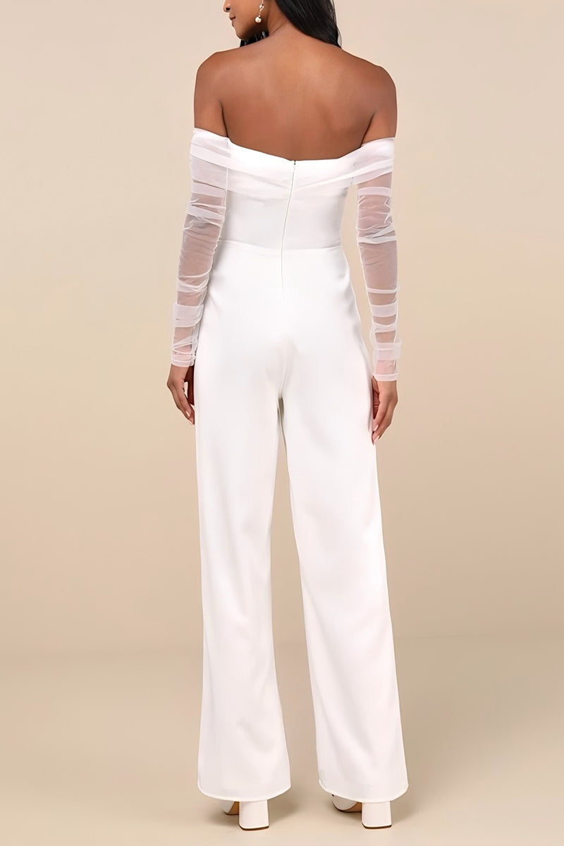 Off The Shoulder Floor Length Tulle Elastic Cloth Wedding Jumpsuit CW3567