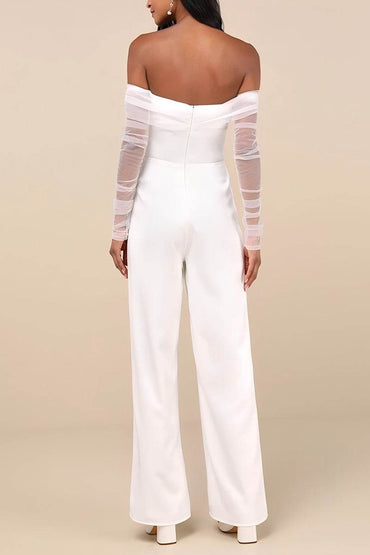 Off The Shoulder Floor Length Tulle Elastic Cloth Wedding Jumpsuit CW3567 - COCOMELODY