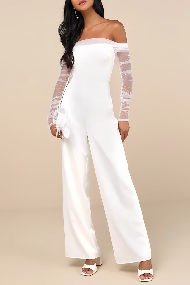 Off The Shoulder Floor Length Tulle Elastic Cloth Wedding Jumpsuit CW3567