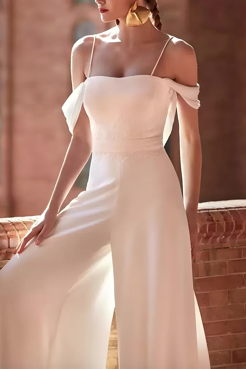 Off The Shoulder Floor Length Chiffon Wedding Jumpsuit CW3568