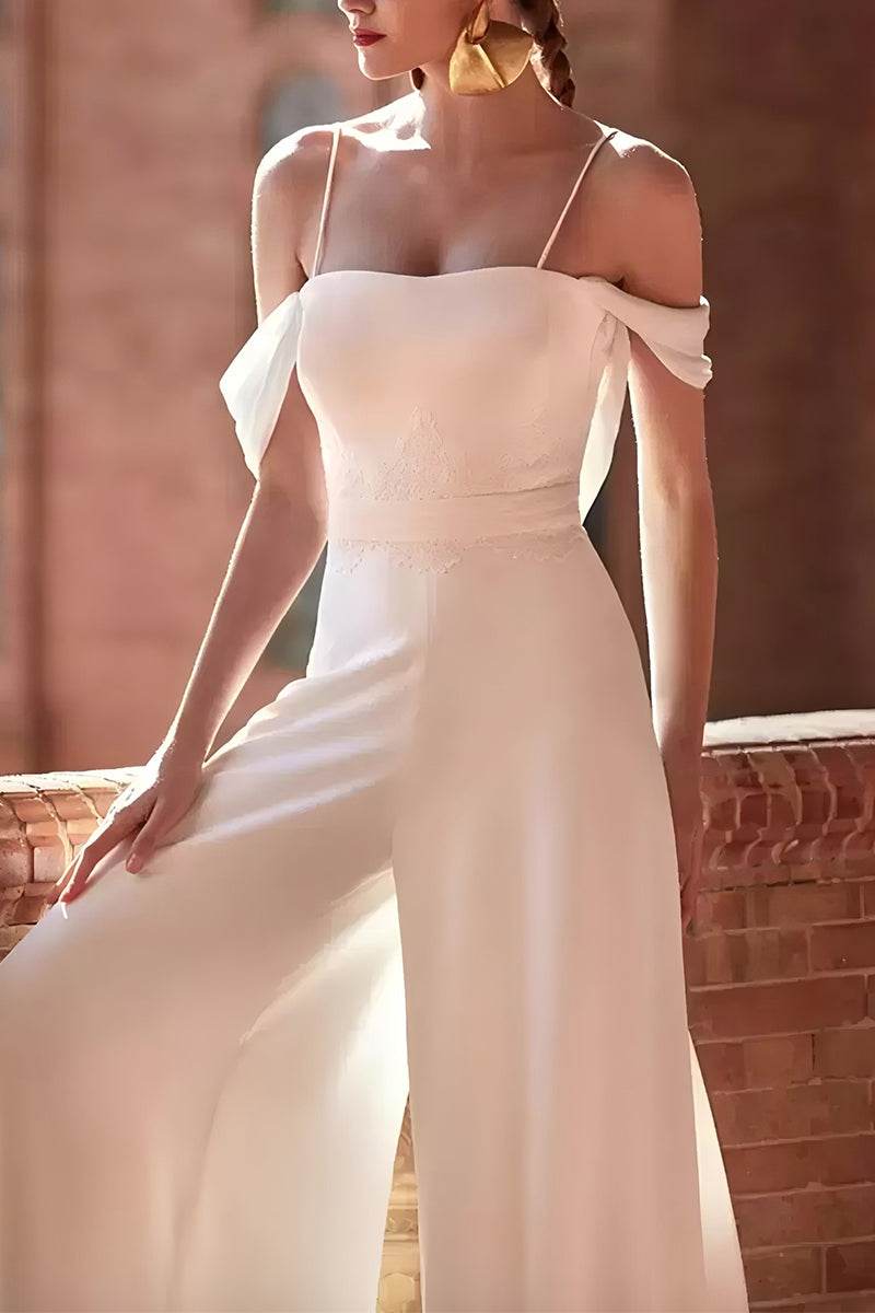 Off The Shoulder Floor Length Chiffon Wedding Jumpsuit CW3568 - COCOMELODY