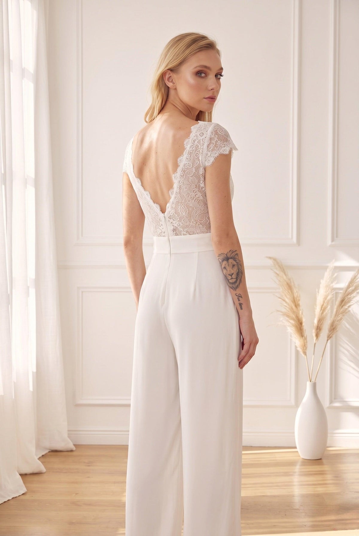 V-Neck Floor Length Lace Chiffon Wedding Jumpsuit CW3569 - 20 Days / As Picture:Ivory/Champagne / US0-UK2-EUR30 - COCOMELODY