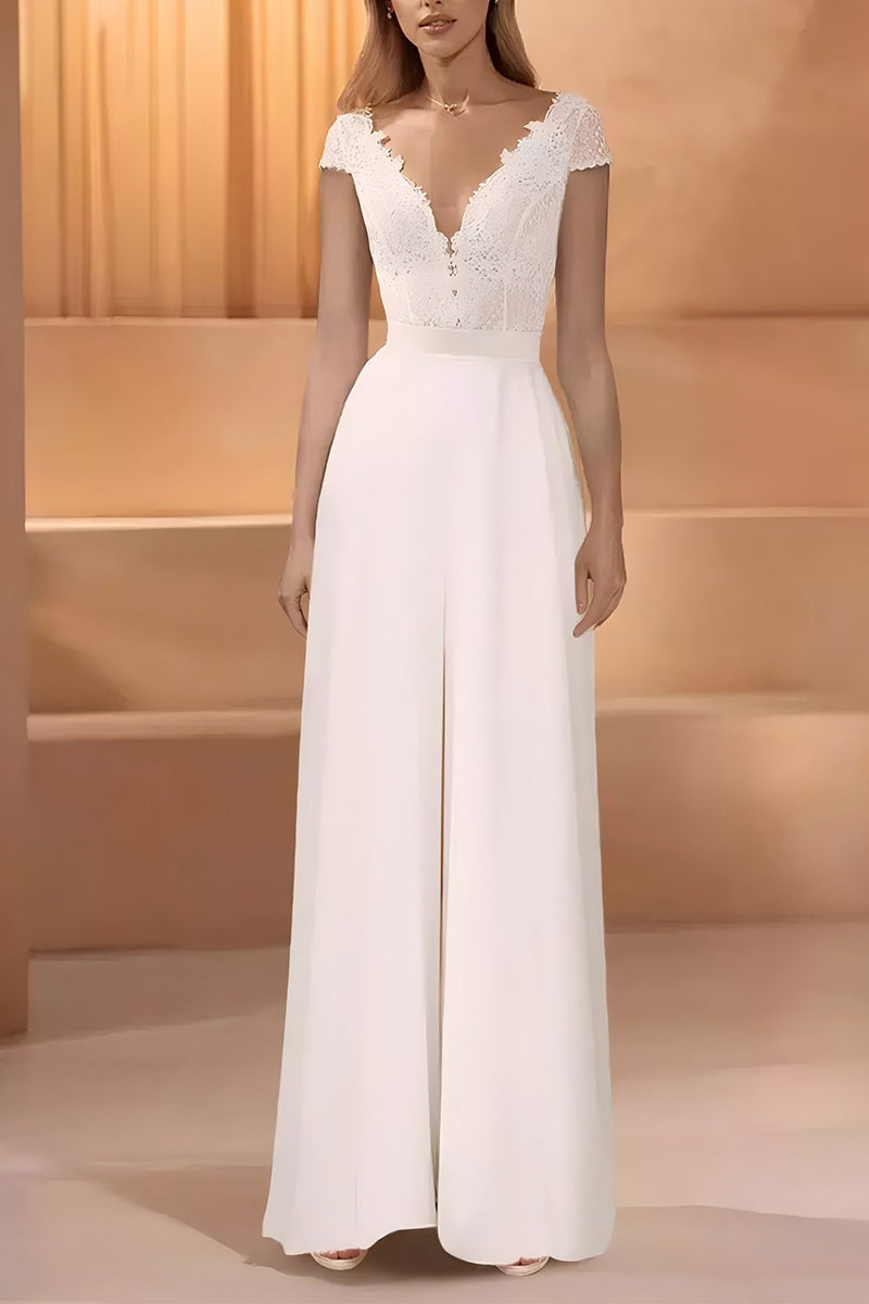 V-Neck Floor Length Lace Chiffon Wedding Jumpsuit CW3569