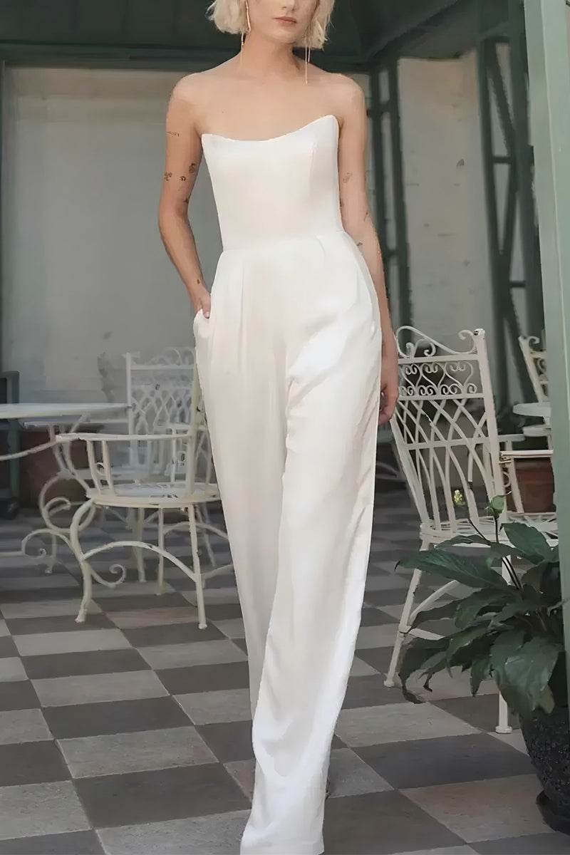 Strapless Floor Length Elastic Cloth Wedding Jumpsuit CW3570 - COCOMELODY
