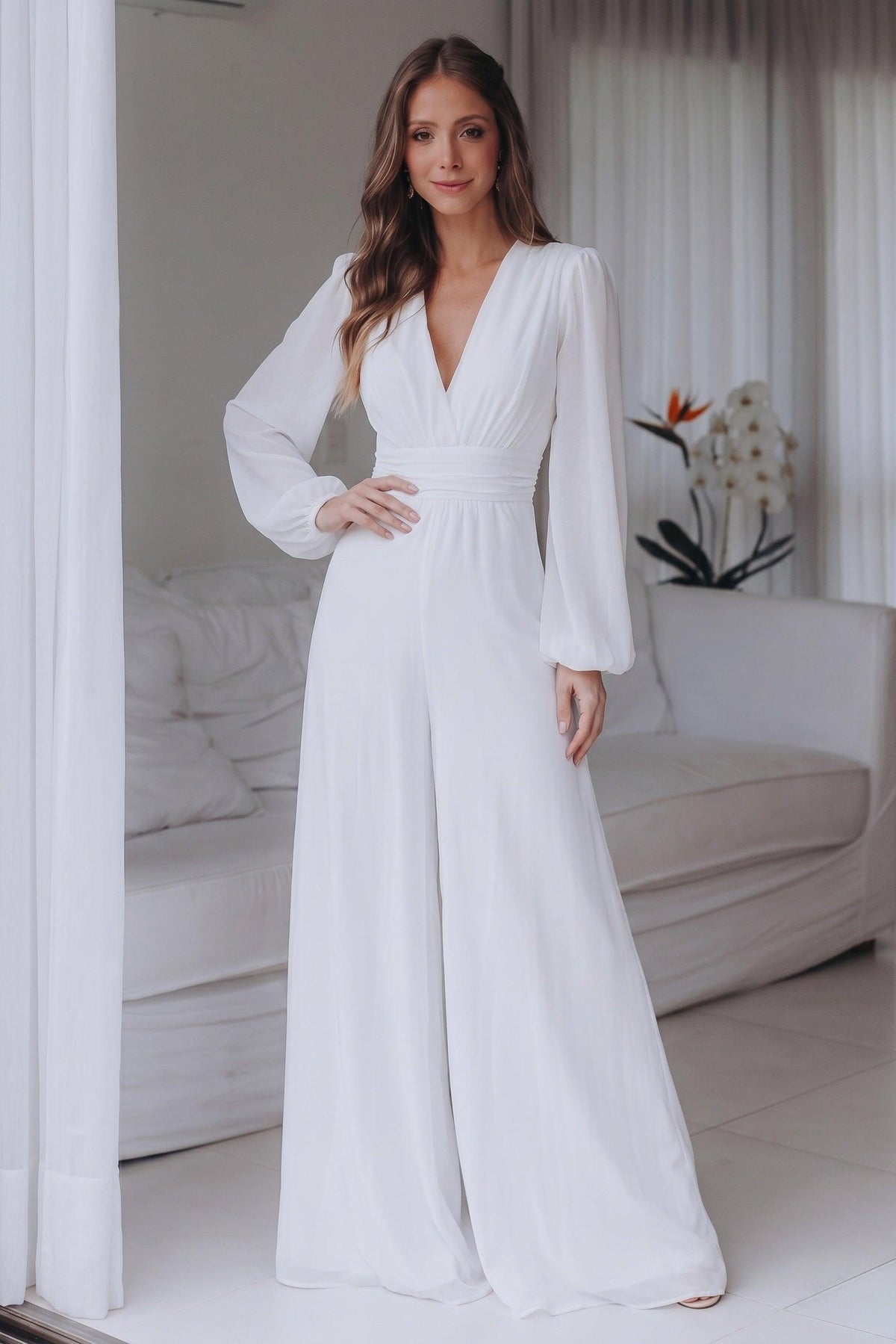 V-Neck Floor Length Chiffon Wedding Jumpsuit CW3573 - 20 Days / Ivory / US0-UK2-EUR30 - COCOMELODY