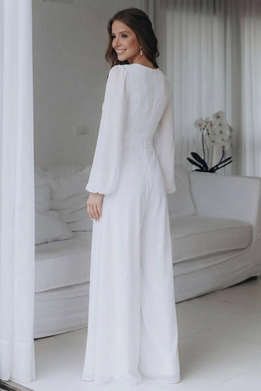 V-Neck Floor Length Chiffon Wedding Jumpsuit CW3573 - 20 Days / Ivory / US0-UK2-EUR30 - COCOMELODY