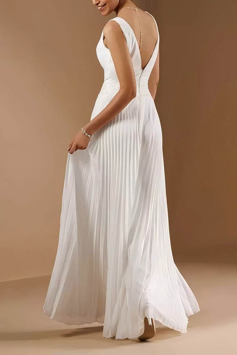 V-Neck Floor Length Chiffon Wedding Jumpsuit CW3574 - COCOMELODY