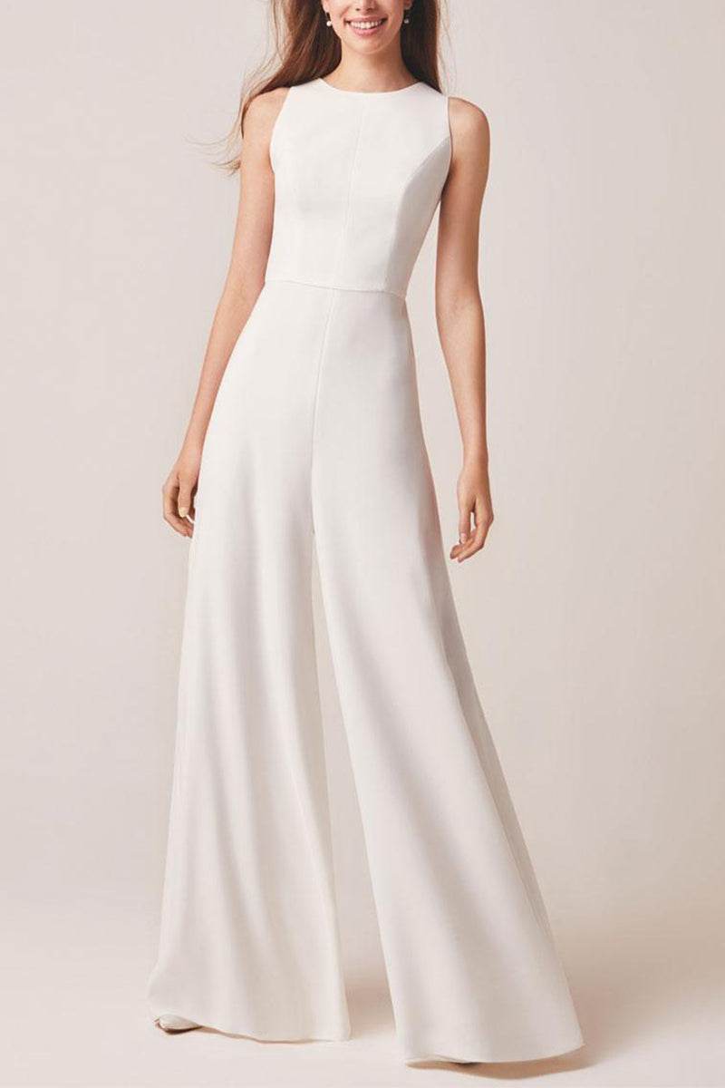 Bateau Floor Length Chiffon Wedding Jumpsuit CW3579 - COCOMELODY