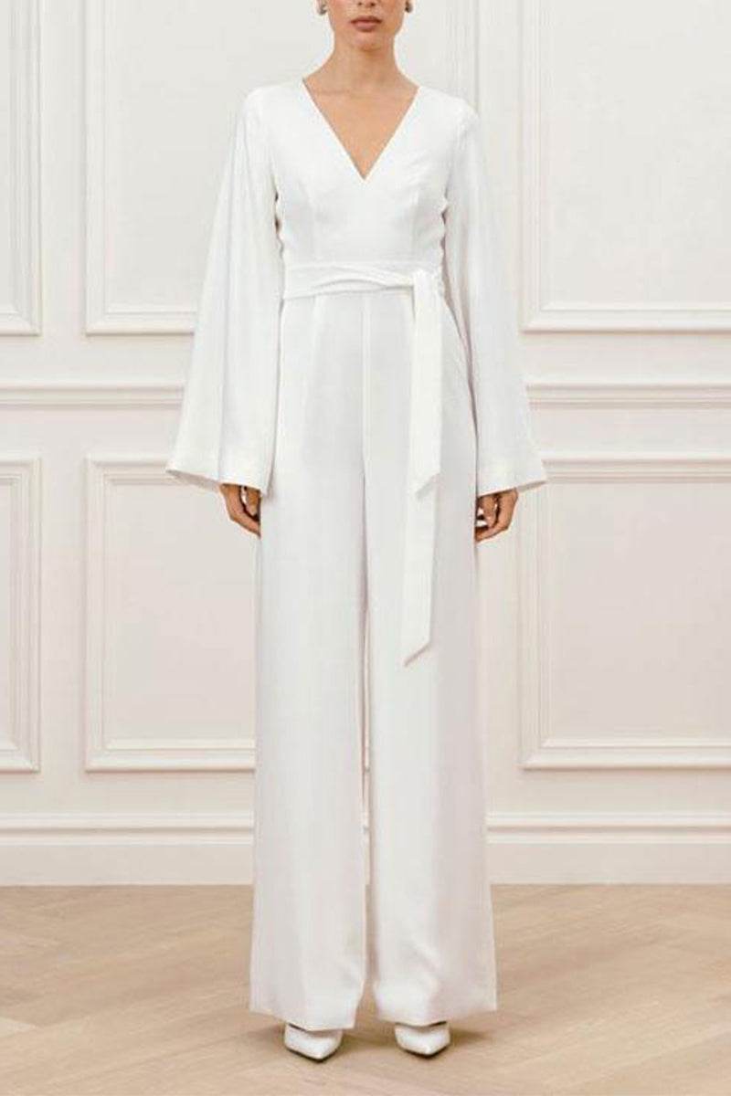 V-Neck Floor Length Chiffon Wedding Jumpsuit CW3580 - COCOMELODY