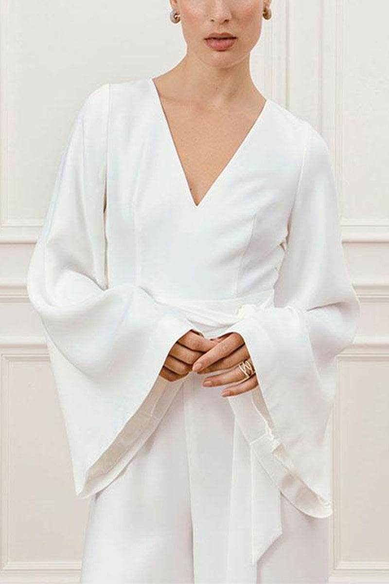 V-Neck Floor Length Chiffon Wedding Jumpsuit CW3580 - COCOMELODY