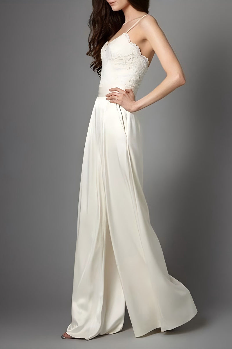 V-Neck Floor Length Silk-Like Wedding Jumpsuit CW3581