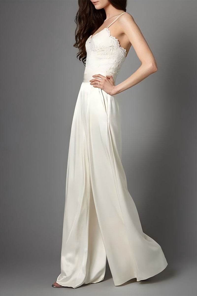 V-Neck Floor Length Silk-Like Wedding Jumpsuit CW3581 - COCOMELODY