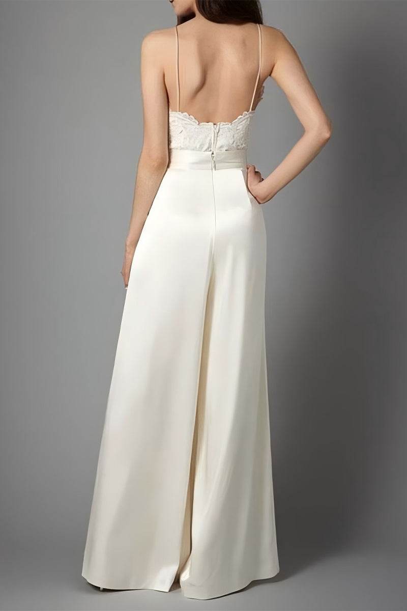 V-Neck Floor Length Silk-Like Wedding Jumpsuit CW3581 - COCOMELODY
