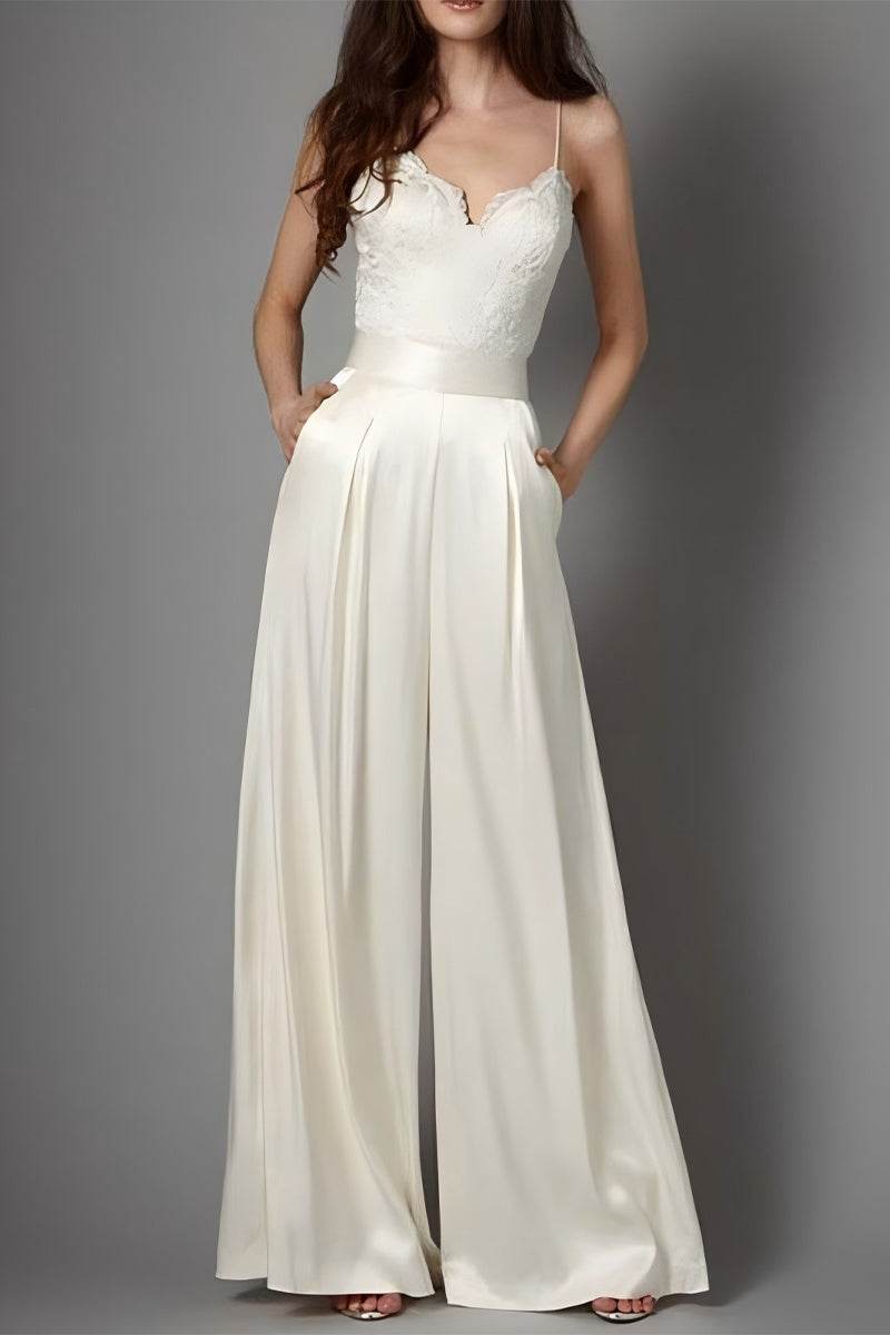 V-Neck Floor Length Silk-Like Wedding Jumpsuit CW3581 - COCOMELODY