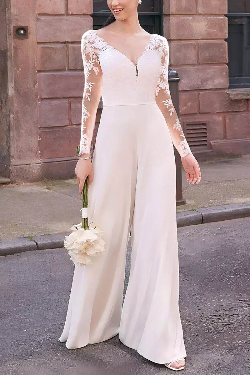 V-Neck Floor Length Chiffon Wedding Jumpsuit CW3582 - COCOMELODY