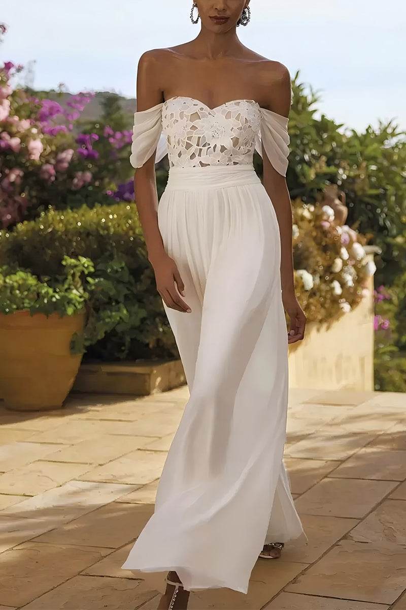 Sweetheart Floor Length Lace Chiffon Bridal Jumpsuit Off The Shoulder COCOMELODY CW3583, 35 Days / As Picture:Ivory/Champagne / US20-UK22-EUR50