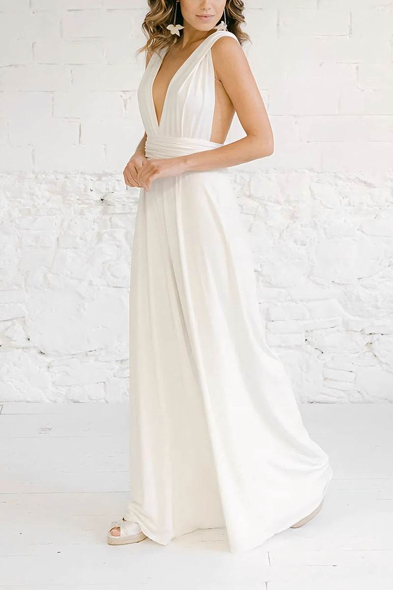 V-Neck Floor Length Chiffon Wedding Jumpsuit CW3585 - COCOMELODY