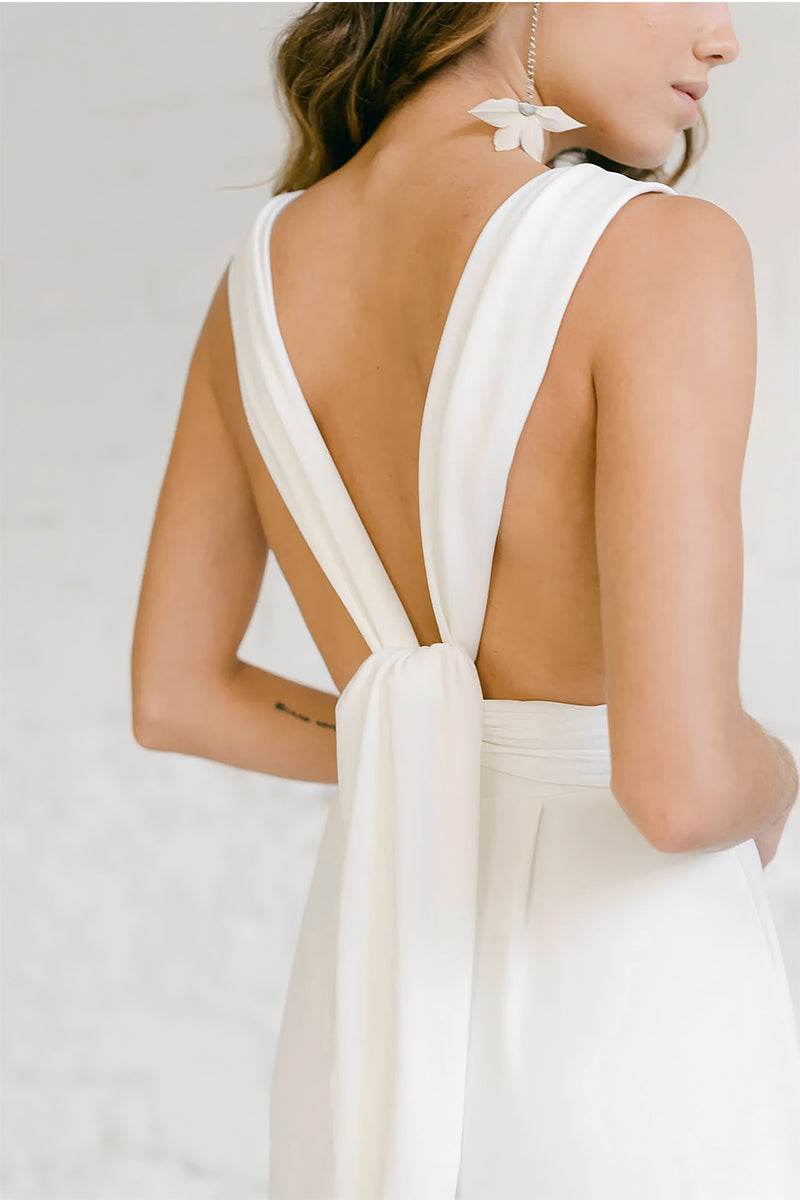 V-Neck Floor Length Chiffon Wedding Jumpsuit CW3585 - COCOMELODY