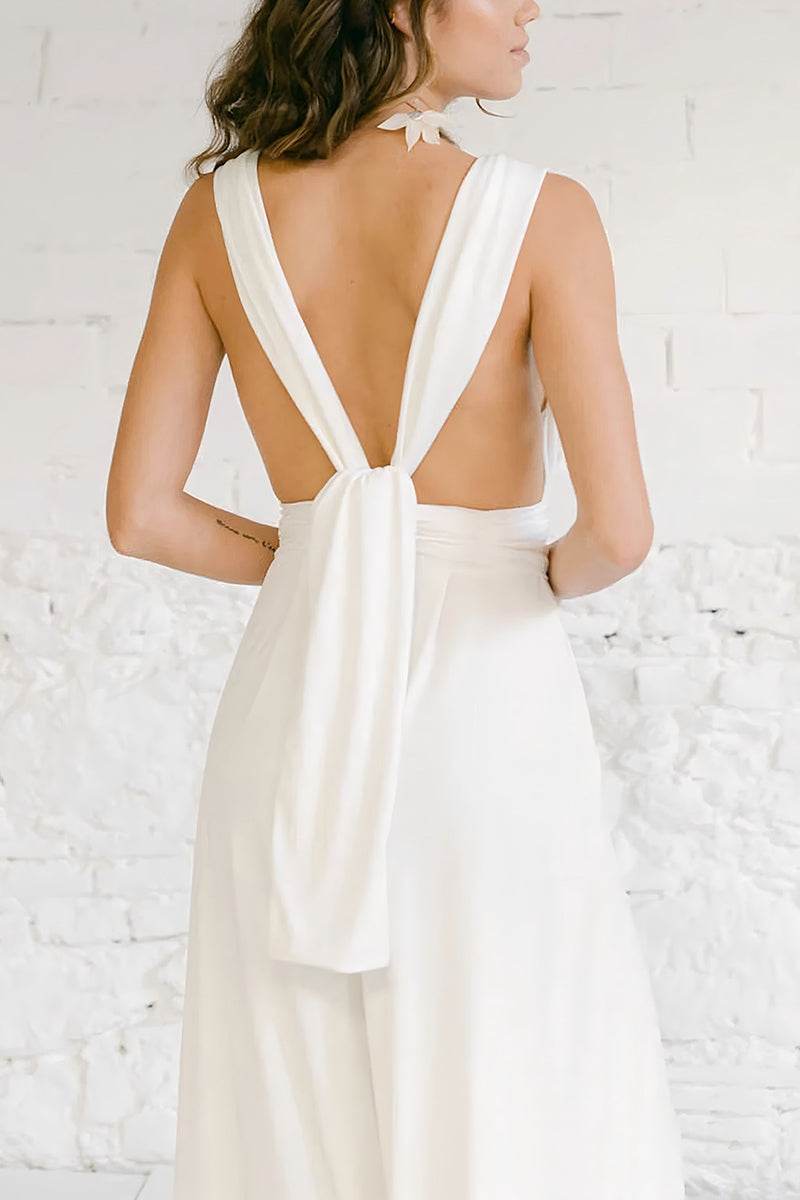 V-Neck Floor Length Chiffon Wedding Jumpsuit CW3585 - COCOMELODY