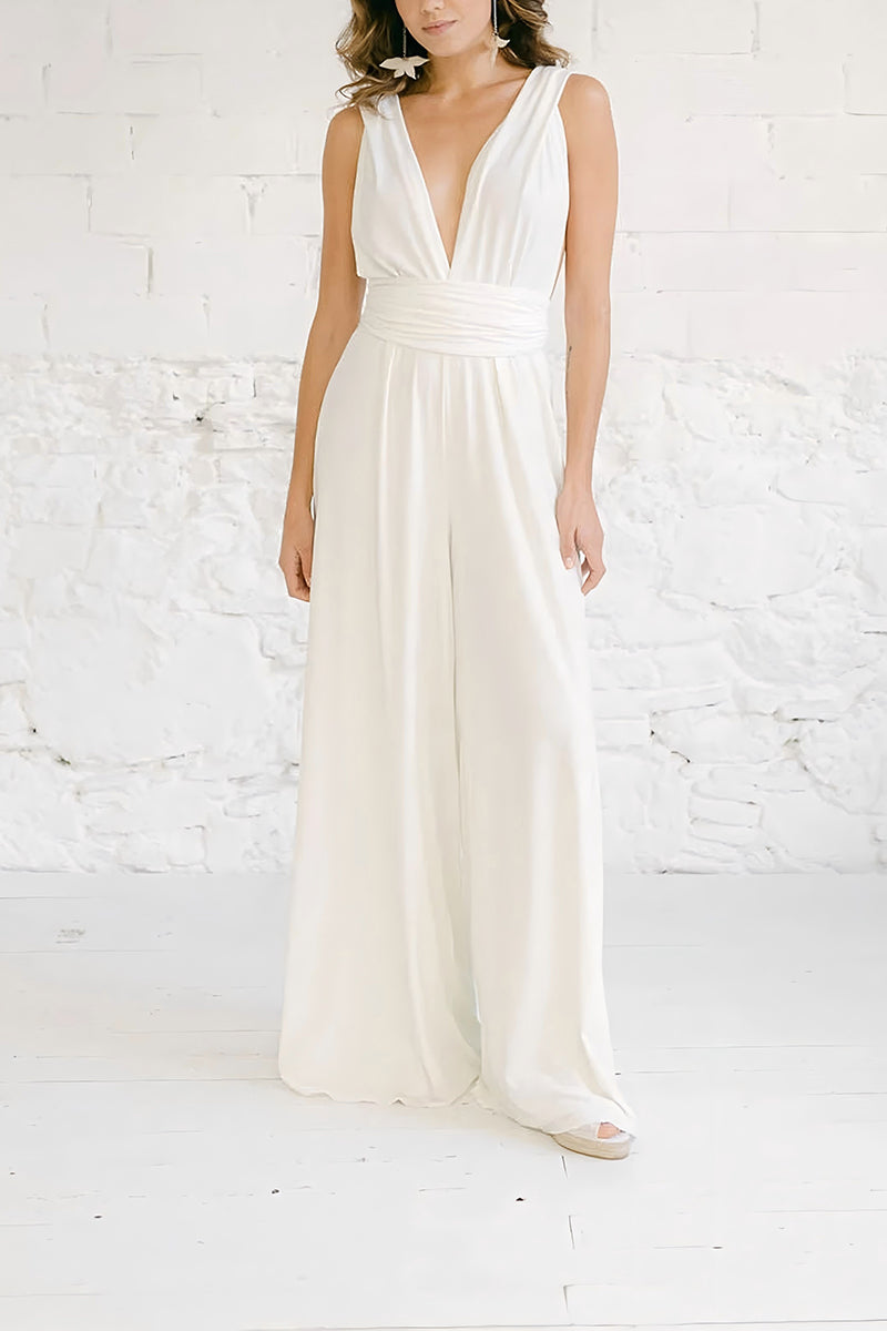 V-Neck Floor Length Chiffon Wedding Jumpsuit CW3585