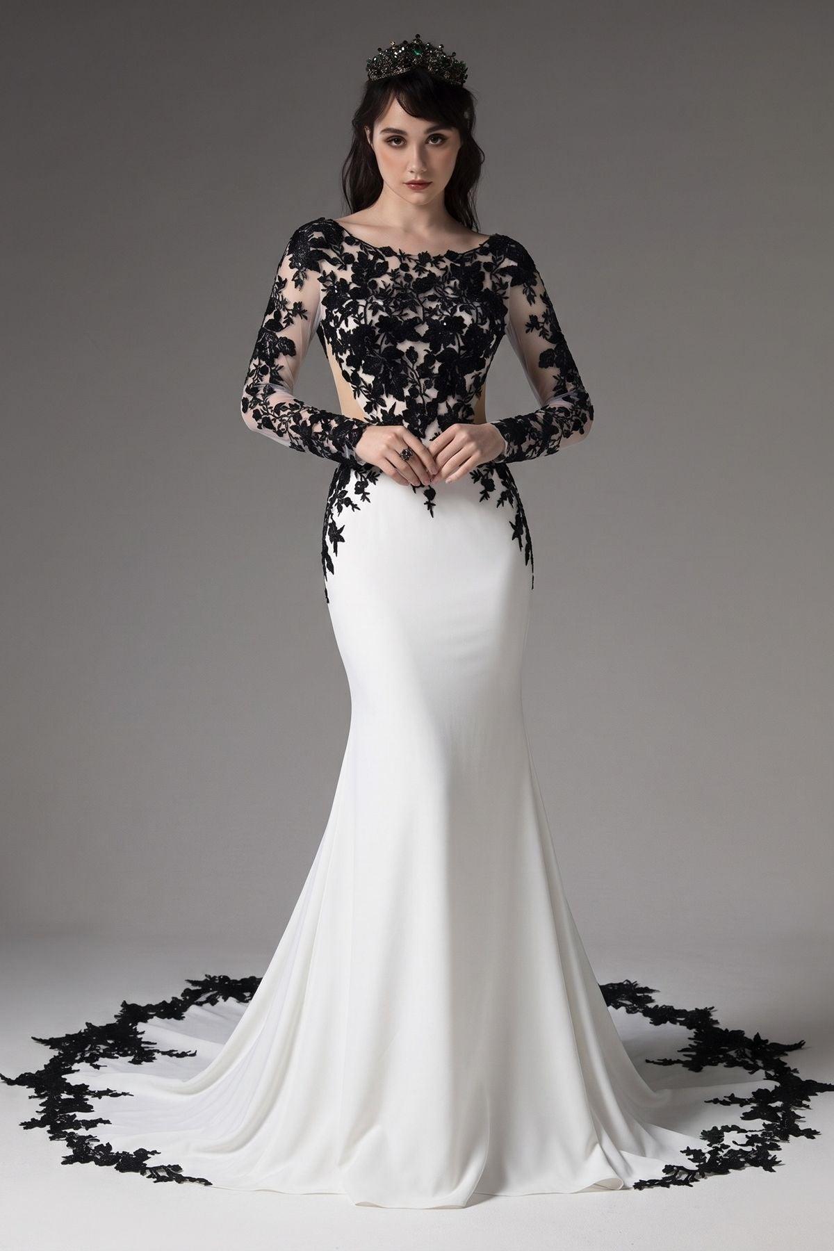 white with black trim wedding dress Mermaid Long Sleeve Applique Satin Chapel Train Bridal Gown COCOMELODY CW3586, 45 Days / Black / US16-UK18-EUR46 Color:Salsa Sonia Rykiel Girl Long A sweeping train completes neck:V-Neck