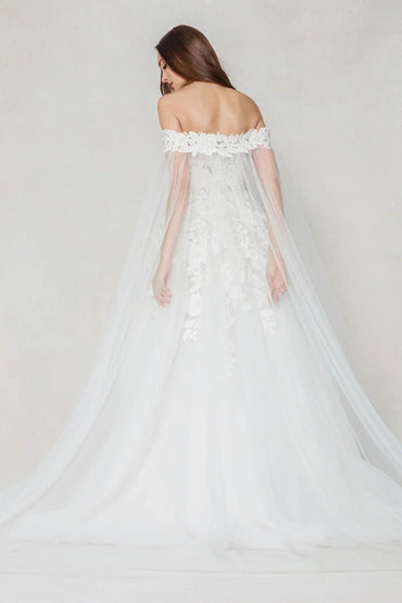 A-Line Sweep-Brush Train Tulle Wedding Dress CW3590 - COCOMELODY