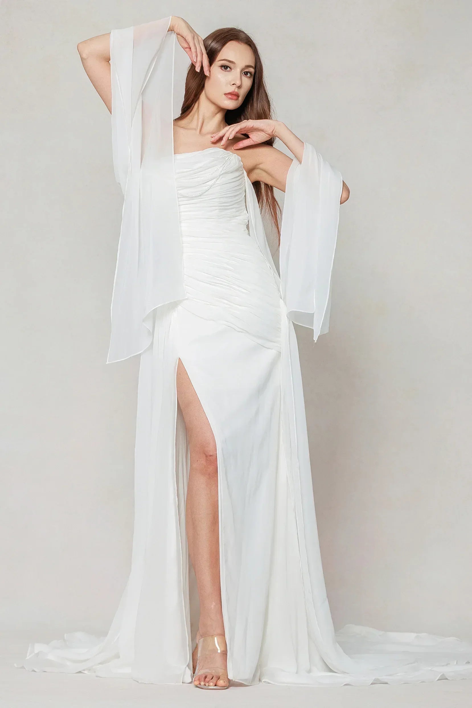 chiffon wedding dress with beading Fairy Wedding Dress Bell Sleeve Boho Wedding Dress Beaded Lace Wedding Dress  Lace and Chiffon Wedding Dress 3/4 Sleeve Wedding Dress