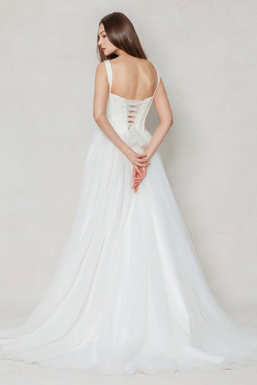 A-Line Sweep-Brush Train Stretch Satin Tulle Wedding Dress CW3595