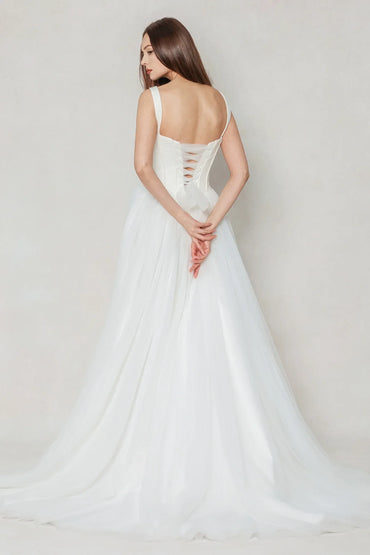 A-Line Sweep-Brush Train Stretch Satin Tulle Wedding Dress CW3595 - COCOMELODY