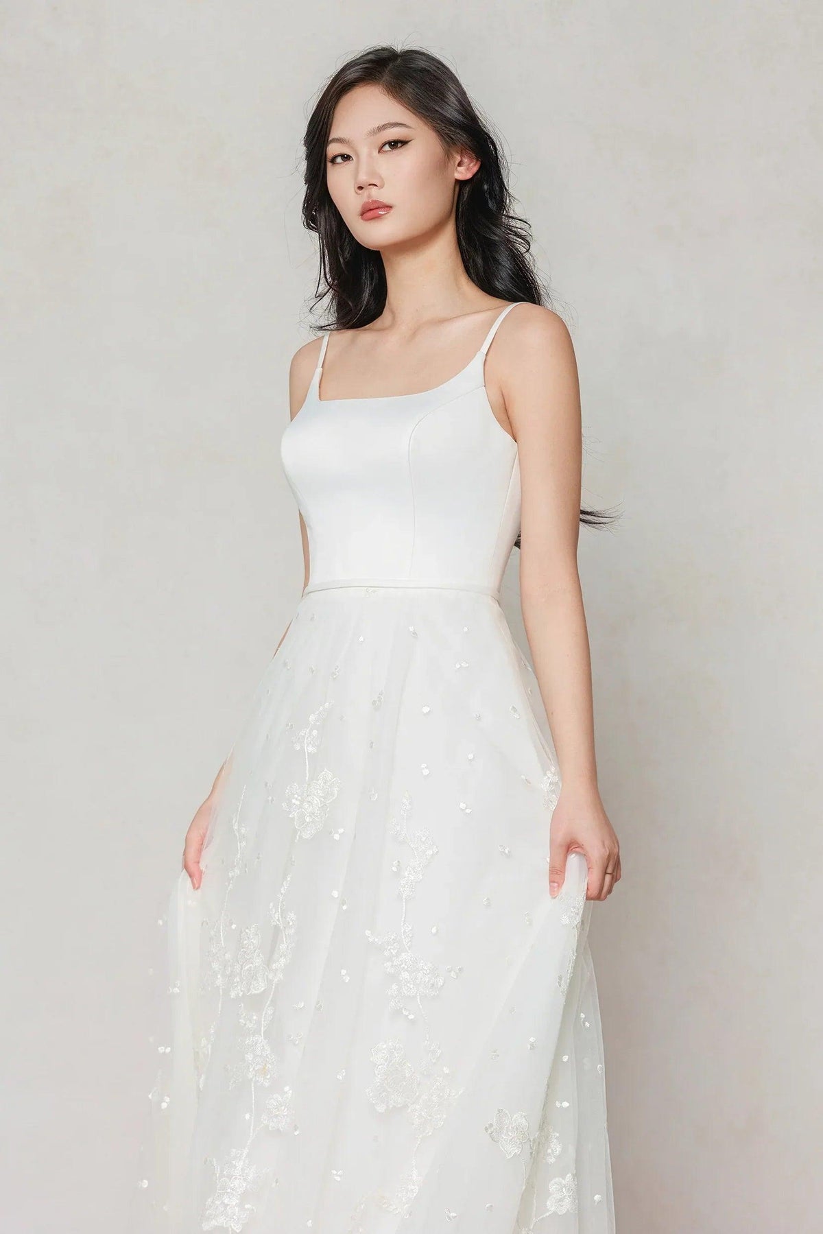 A-Line Court Train Stretch Satin Tulle Wedding Dress CW3603 - 45 Days / Ivory / US0-UK2-EUR30 - COCOMELODY